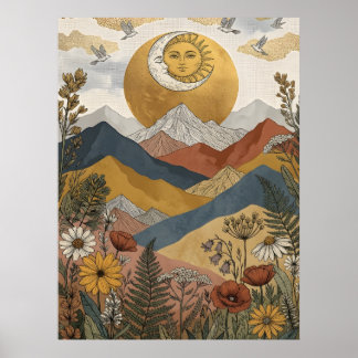 Affiche Boho Visage Soleil Lune Montagnes Oiseaux