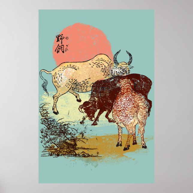 Affiche Boho water buffalos, illustration de style asiatiq (Devant)
