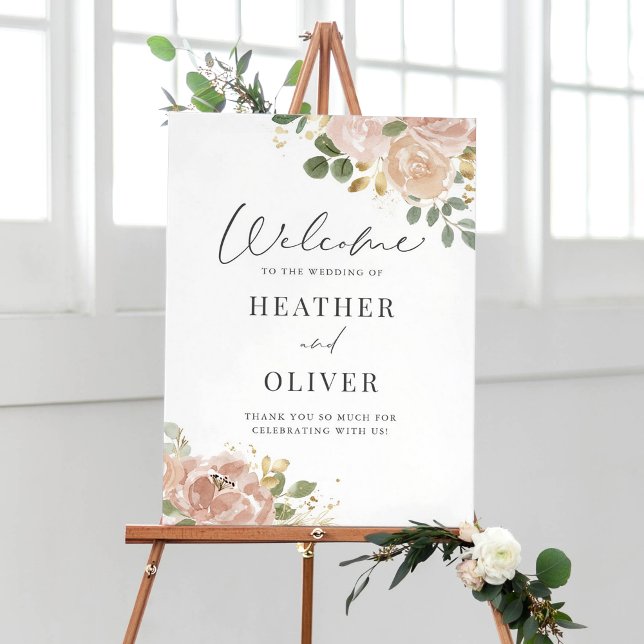 Affiche Boho Watercolor Mauve Peach Flowers Mariage (Boho Watercolor Mauve Peach Flowers Wedding Welcome Sign)