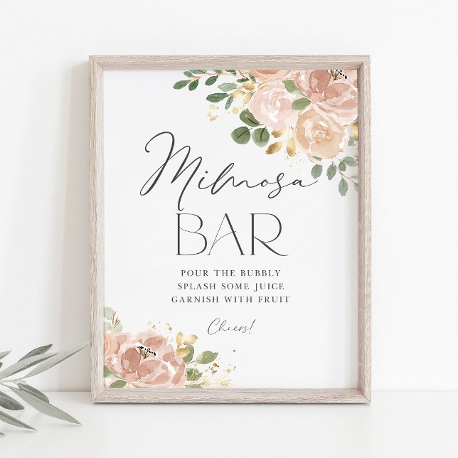 Affiche Boho Watercolor Mauve Peach Flowers Mimosa Bar (Boho Mimosa Bar Sign featuring watercolor mauve peach flowers and faux gold foil accents.)