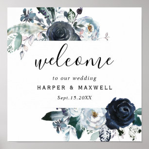 Affiche Boho White Navy Peony Aquarelle Mariage Bienvenue