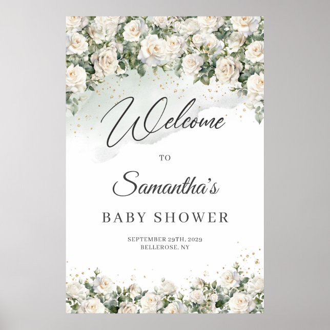 Affiche Boho White Roses Floral Garden Baby shower accueil (Devant)