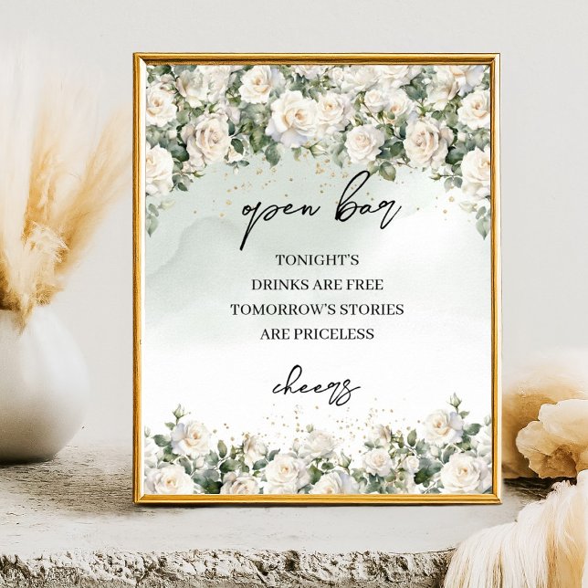 Affiche Boho White Roses Vert et or Ouvrir le panneau de l (Elegant White Roses Floral Garden greenery open bar wedding tabletop sign)