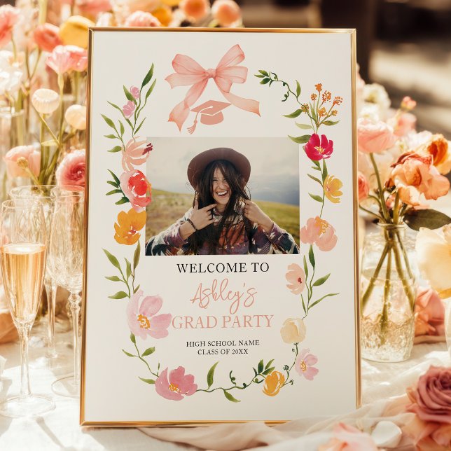 Affiche Boho Wildflowers Coquette Nœud photo remise de dip (Boho Wildflowers Coquette Bow photo graduation Poster)