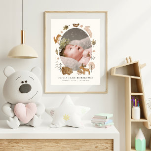 Affiche Boho Woodland Animals Baby Stats Photo Nursery Art