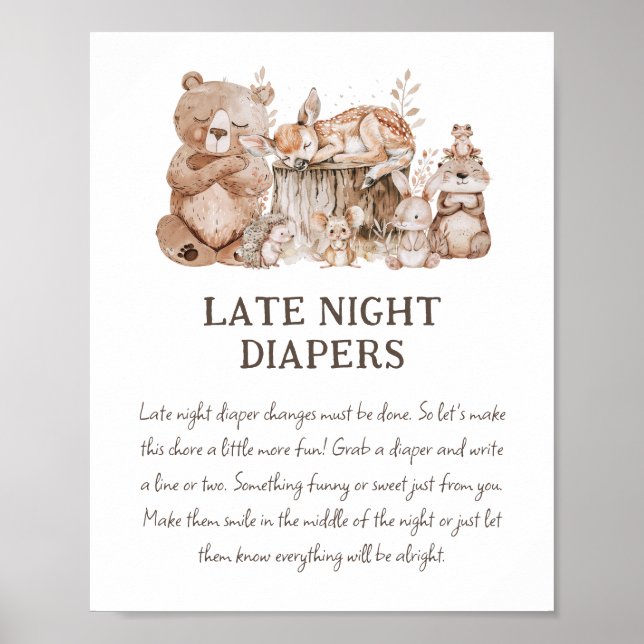 Affiche Boho Woodland Baby shower 'Late Night Diaper' (Devant)