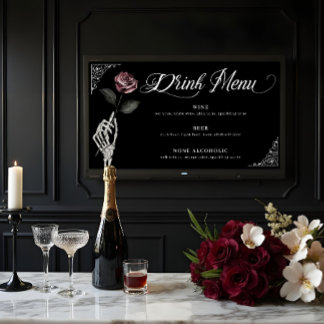 Affiche Boire Menu Aquarelle Squelette Rose Mariage gothiq