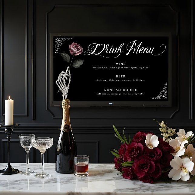 Affiche Boire Menu Aquarelle Squelette Rose Mariage gothiq (Drink Menu Watercolor Skeleton Rose Gothic Wedding Poster)