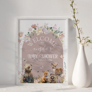 Affiche Bois animal floral fille Baby shower accueil