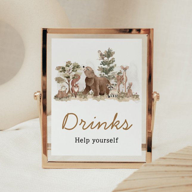 Affiche Bois Animaux Aventure Await Boissons (Adventure Awaits Woodland Animals Baby Shower Drinks Sign)