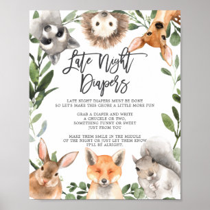 Affiche Bois Animaux Baby shower Diapeurs nocturnes tardif