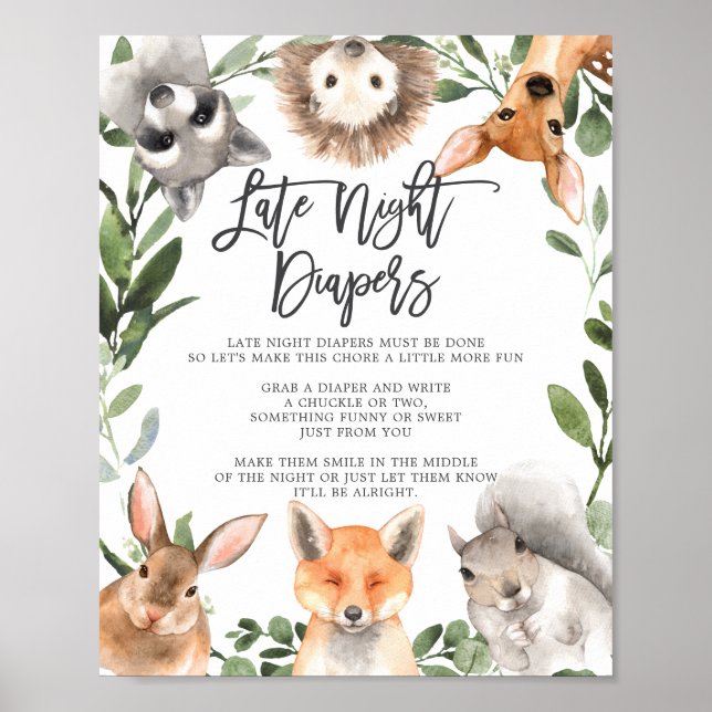 Affiche Bois Animaux Baby shower Diapeurs nocturnes tardif (Devant)