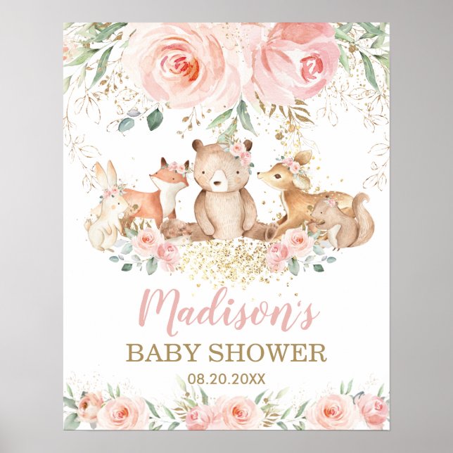 Affiche Bois Animaux Baby shower rose Floral Bienvenue (Devant)