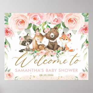 Affiche Bois Animaux Baby shower rose Floral Bienvenue