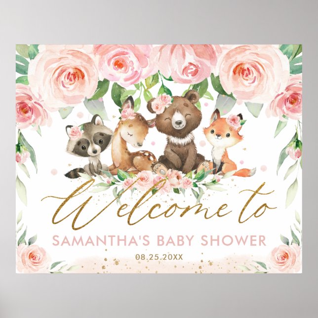 Affiche Bois Animaux Baby shower rose Floral Bienvenue (Devant)