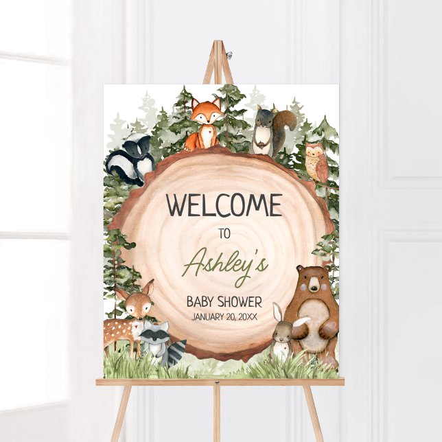 Affiche Bois Animaux Bois Slice Bienvenue (Boy Woodland Animals Baby Shower Welcome Sign)