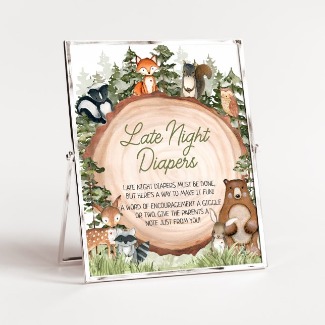 Affiche Bois Animaux Bois Tranches de bois Diapositives no (Boy Woodland Animals Baby Shower Late Night Diapers Sign)