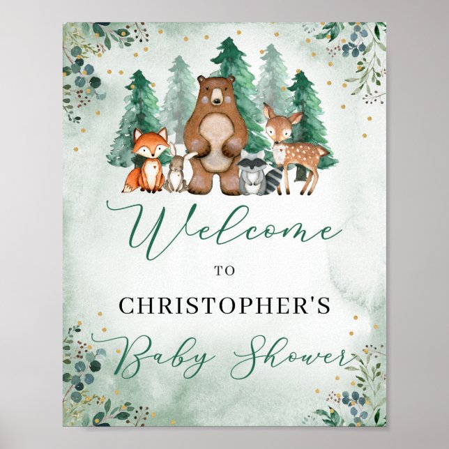 Affiche Bois animaux de la forêt Baby shower signe de bien (Devant)
