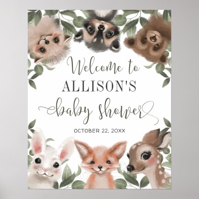 Affiche Bois animaux forêt baby shower de bienvenue (Devant)