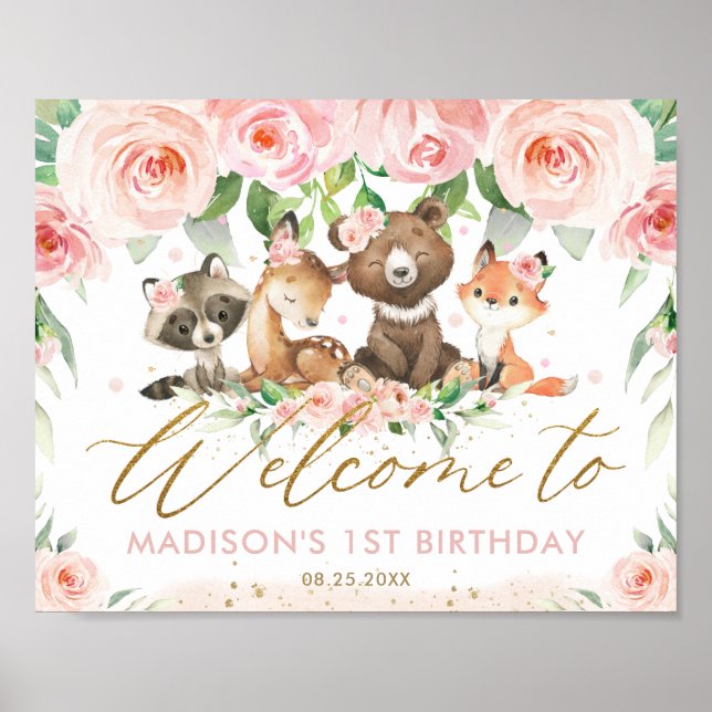 Affiche Bois Animaux Rose Floral Anniversaire Bienvenue (Devant)