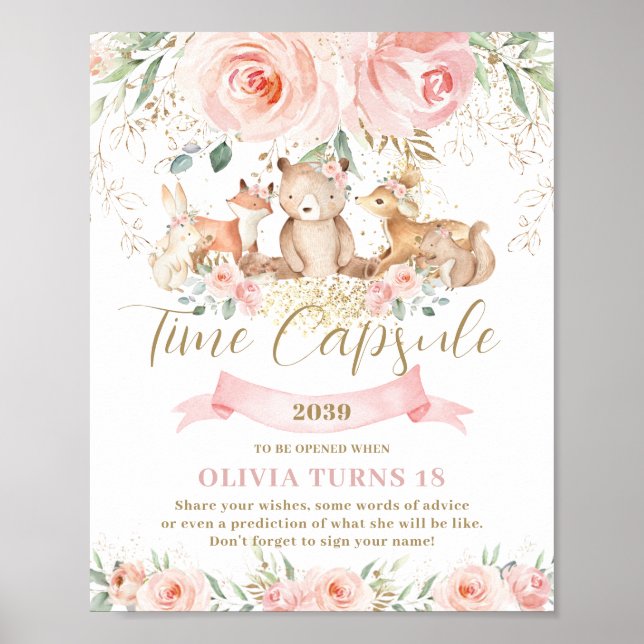 Affiche Bois Animaux rose Floral Anniversaire Temps Capsul (Devant)