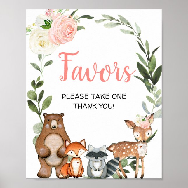 Affiche Bois animaux rose verdure fille baby shower (Devant)