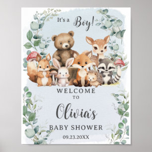 Affiche Bois Animaux Végétation Boy Baby shower Bienvenue