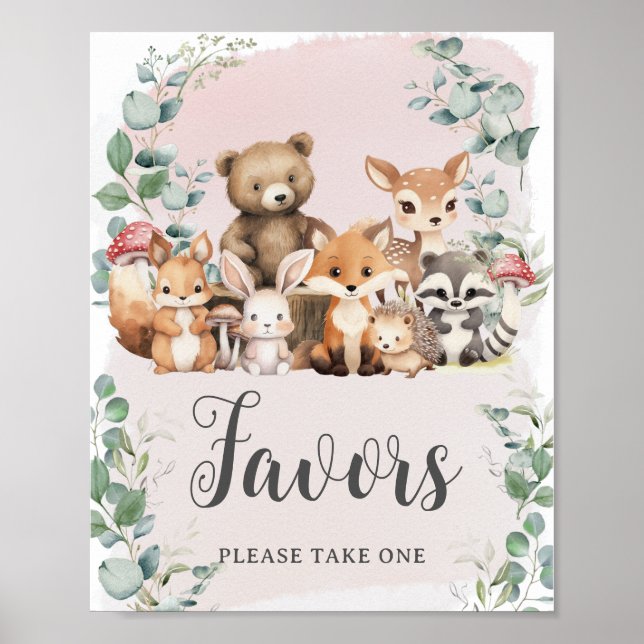 Affiche Bois Animaux Végétation Fille Baby shower Faveurs (Devant)