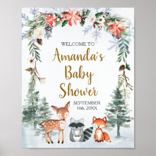Affiche Bois Baby shower d'hiver Forêt Animaux Bienvenue