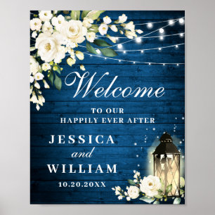 Affiche Bois Bleu & Blush Rose Floral Mariage Bienvenue