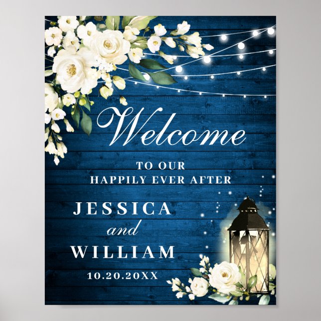 Affiche Bois Bleu & Blush Rose Floral Mariage Bienvenue (Devant)