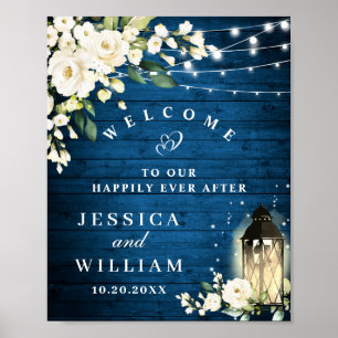 Affiche Bois Bleu & Blush Rose Floral Mariage Bienvenue