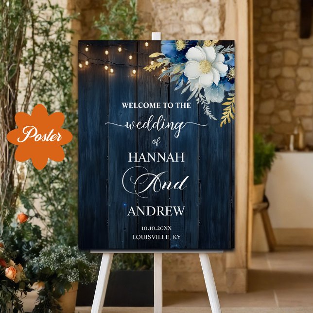 Affiche Bois bleu rustique Blanc Floral Mariage Accueil (Créateur téléchargé)