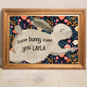 Affiche Bois Cottagecore Bunny Aquarelle Florale