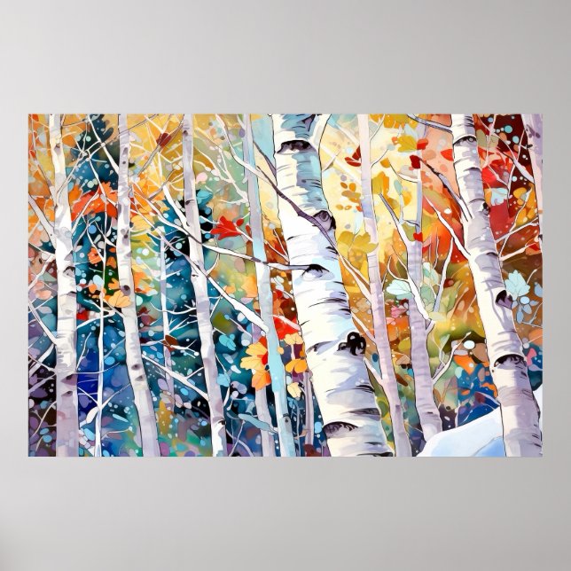 Affiche Bois de bouleau peinture aquarelle Imprimer (Devant)