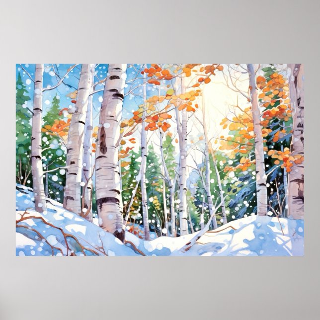 Affiche Bois de bouleau peinture aquarelle Imprimer (Devant)