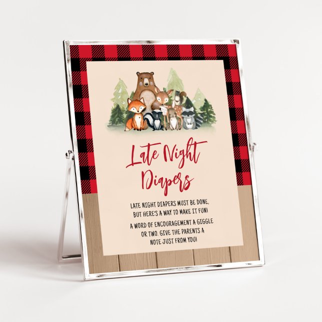 Affiche Bois de bûcheron Baby shower Diapositives de nuit  (Plaid Lumberjack Baby Shower Late Night Diapers Sign)