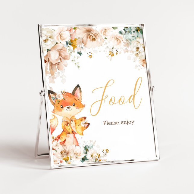 Affiche Bois Floral Fox Baby shower Nourriture (Fox Baby Shower Food Sign)