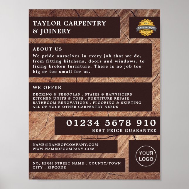 Affiche Bois foncé, menuiserie, publicité de charpentier (Devant)