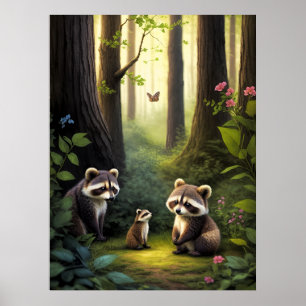 Affiche Bois Forêt Animaux Raccoon Famille AI Art