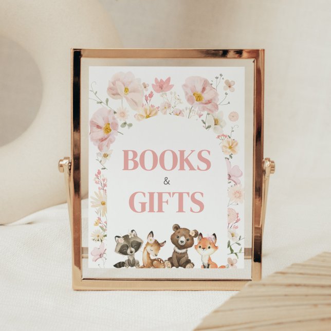Affiche Bois rose Floral Animaux Livres et Cadeaux (Pink Flower Woodland Animals Baby Shower Books and Gifts Sign)