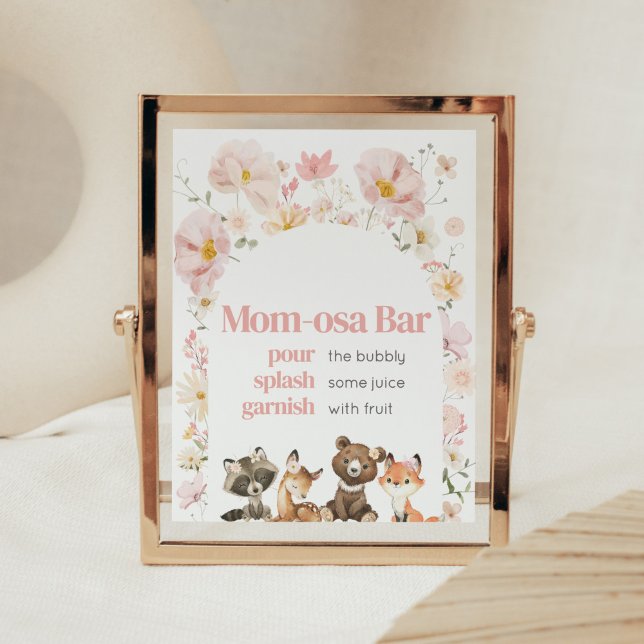 Affiche Bois rose Floral Animaux Maman-Osa Bar (Pink Flower Woodland Animals Baby Shower Mom Osa Bar Sign)