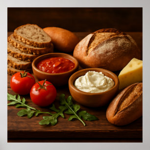 Affiche Bois rustique avec fromage artisanal pains