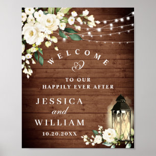 Affiche Bois rustique & Blush Rose Floral Mariage Bienvenu