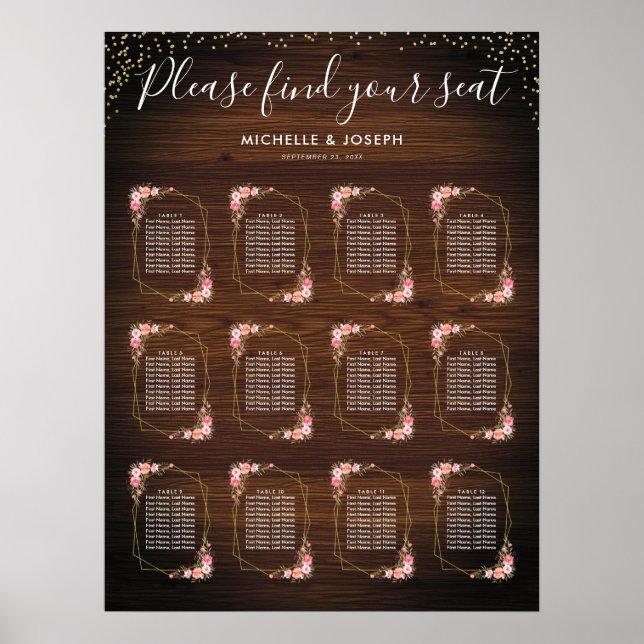 Affiche Bois rustique Or rose Mariage Floral Carte de sièg (Devant)