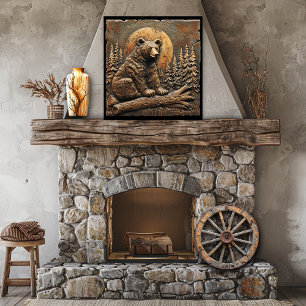Affiche Bois sculpté rustique Ours Pins Réglage Soleil