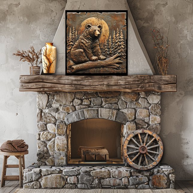 Affiche Bois sculpté rustique Ours Pins Réglage Soleil (Créateur téléchargé)