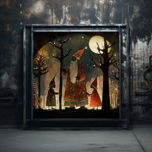 Affiche Bois vert et rouge artistique Père Noël noir