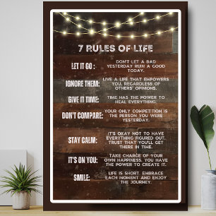 Affiche Bois Vintage rustique 7 Règles de vie Motivationne