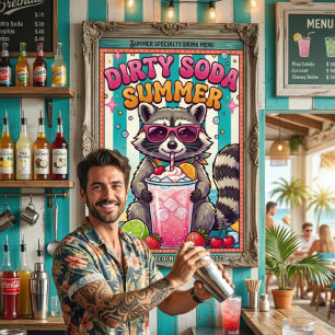 Affiche Boisson Sale Été Raton laveur Boisson d'été Vacan
